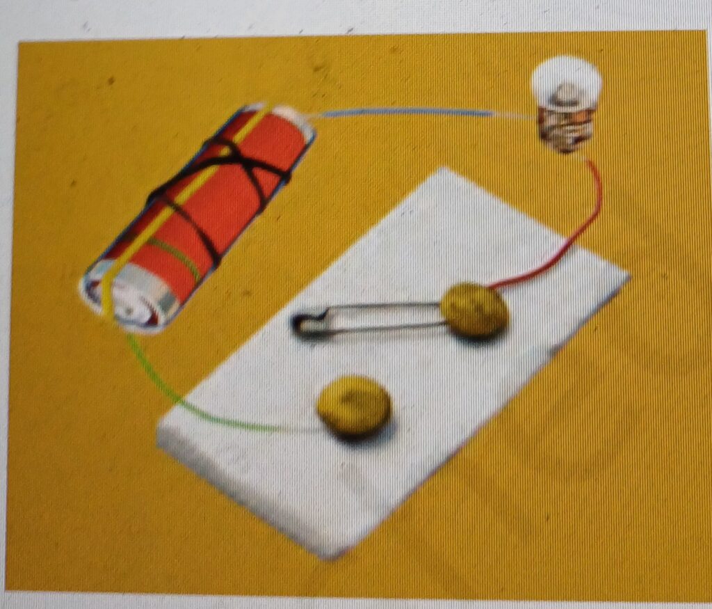 "An electric circuit with a switch showing how electricity flows through a simple circuit."