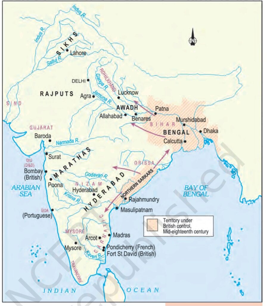 Map of British territories in India during the mid-eighteenth century, depicting regions under British control and influence.