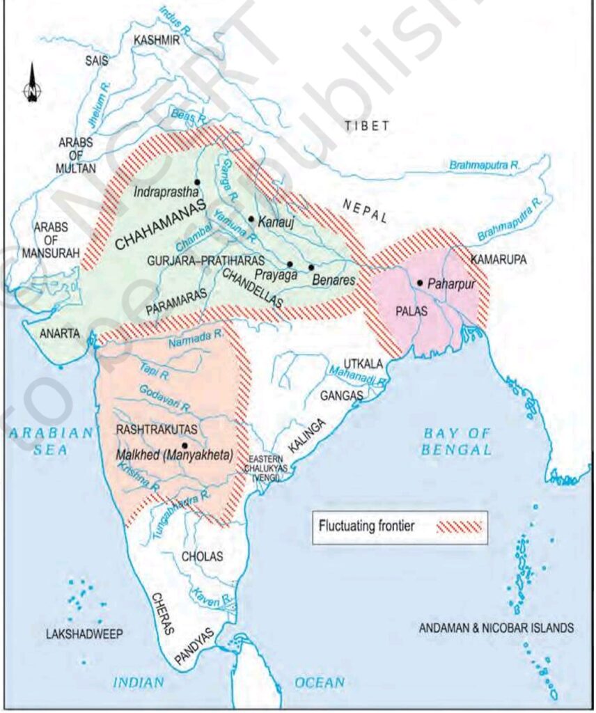 Map of major kingdoms from the 7th to 12th centuries, showing the administration of new kingdoms in India.