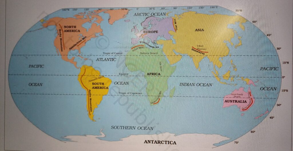 "Map showing the seven continents and five oceans of the world, highlighting the major geographical divisions on Earth."